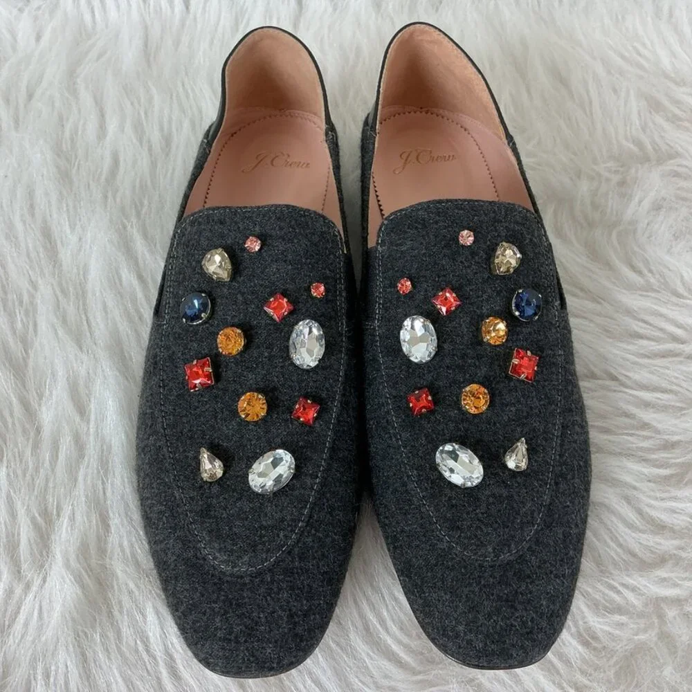 J. Crew Gray Janie Jewel Convertible Smoking Slippers Loafers Mules 9.5